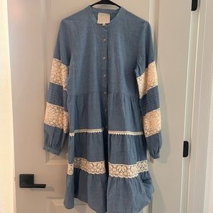 Johnny Was Jade Floral Embroidered Linen Blend Blue Prairie Dress Small